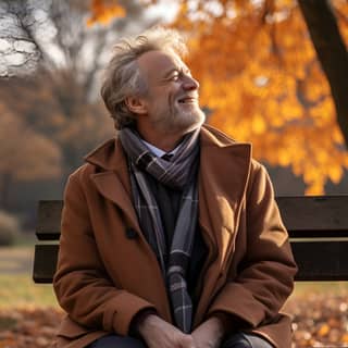 Un uomo anziano seduto su una panchina in parco, sembra contento e felice con gli occhi chiusi, e respira l'aria con un grande albero sullo sfondo.