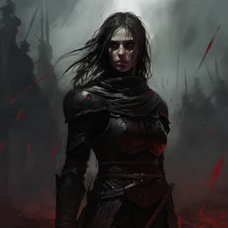 A strong female medieval guard captain Rugged grim bleak Epic dark fantasy art in the style of Zdzisław Beksiński