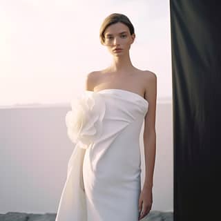 use for the design of the dress French model with blue eyes wears a tight bodice-style minimalist wedding dress one shoulder