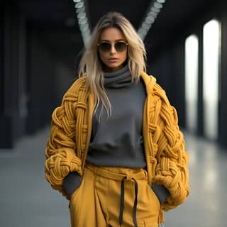 winter jacket trend color long trousers wool pullover looks like a keyboard retro style but futuristic