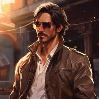 An italian man with Levi Ackerman haircut tan skin sunglasses light beard brown leather jacket v-- 4