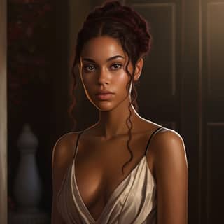 Una hermosa joven con piel de caoba oscura y ojos color vino tinto, vistiendo un sencillo vestido blanco.