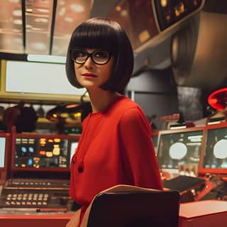 Edna Mode in red dress standing in Control Room, in a red dress sitting at a desk