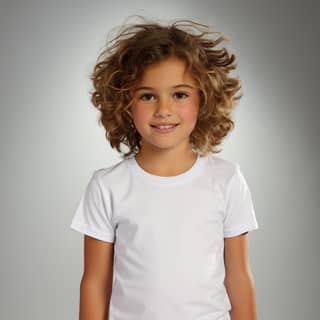 Menina usando uma camiseta de algodão branca. Menina jovem com cabelos cacheados posando para uma foto.