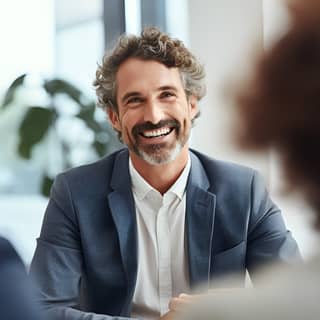 Smiling businessman in an informal meeting set against a soft pastel bright backdrop copy space showcasing crisp details and