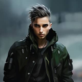 Héroe de guerra, muy joven adulto con un mohawk y chaqueta verde, pantalones negros, ojos azules y pelo oscuro, representando un personaje dramático, hiperrealista, abstracto y misterioso en clima tormentoso.