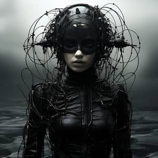 black black black blackly blackpunk surrealism dystopian surreal, in a black outfit with wires on her head