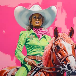 blazing saddles vibrant pink green, in a cowboy outfit riding a horse