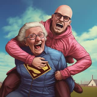 A completely muscle-free skinhead superhero being piggybacked by an old lady