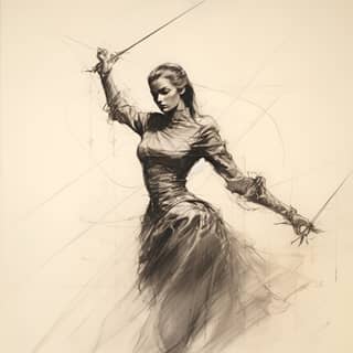 female fencer spy marvel hero crossover attacking drawing by Leonardo da Vinci ink on paper modern beauty enticing