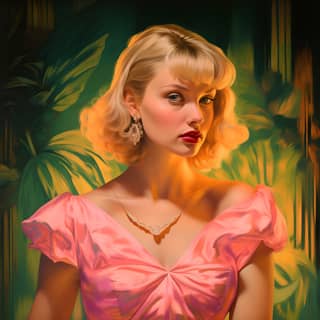 golden age Hollywood vibrant pink green, in a pink dress