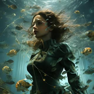 her secret world under the water in the lake, surrounded by fish in a fish tank