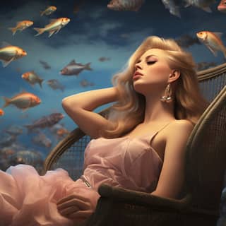 incessant obsession, woman in a pink dress sitting in a chair surrounded by fish