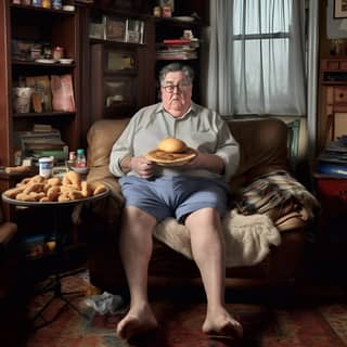 Un uomo anziano seduto su un divano, mangiando un piatto di cibo e tenendo un panino in mano.