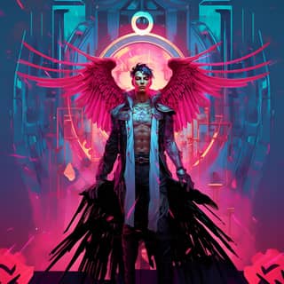 tarot card temperance male angel with cybernetic wings cyberpunk synthwave