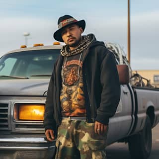 two chicanos in cowboy hats next to a modified 1996 Ford Ranger Fresno California suburban parking lot cyberpunk aesthetic