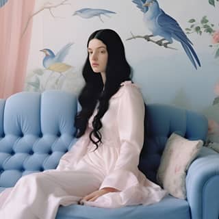 a white backgroun a blue sofa A girl sits on the sofa wearing pink clothes with long black hair a bright center naive and