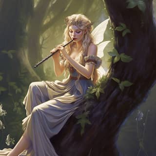 woman elf playing the flute with her mouth she is blonde in the top of a tree in a magical forest by Bob Byerley