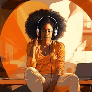 (cel-shading style:1 3) centered image ultra detailed illustration of Black woman with afro sitting in a warm comfortable