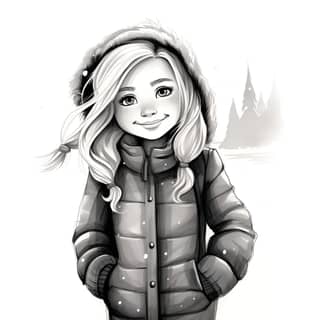 Una niña en un abrigo de invierno y sombrero, sonriendo con cabello rubio, en una ilustración en blanco y negro.