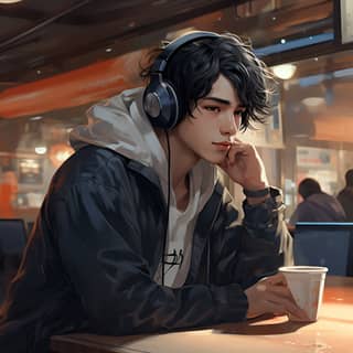 22 years old japanese man listening to music with ear pods thin yet athletic build raven hair grey sad eyes illustration