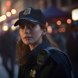 Female Cop Sarah determined and focused She stands in the middle of the street scanning the crowd with an intense gaze Her