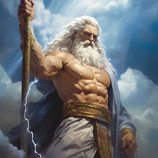 Zeus holding lightning at the summit of Olympus, the god of thunder is holding a staff and standing on a cloud