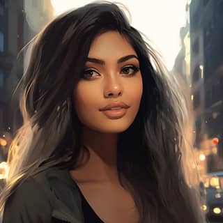 an illustration of a gorgeous woman long black hair round face medium tan skin standing outside in the city in the style of