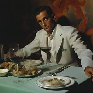 Un homme assis à une table avec une assiette de nourriture et un verre de vin dans une humeur sombre.