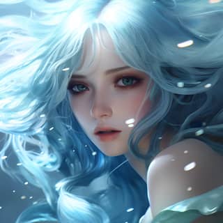 beautiful anime girl long beautiful wavy hair bigg beautiful eyes bigg beautiful lips small nose blue hair diffrent shades