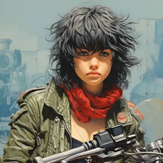 cyberpunk girl by Katsuya Terada, with black hair sitting on a motorcycle