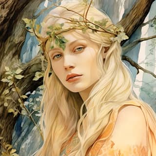 hypermaximalist watercolor and pencil outlined drawing joyful spring colors astonishing eternal and divine blond elven