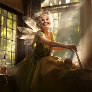 magical 50 years old smiling fairy which is cleaning windows