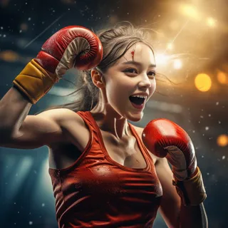 穿着红色服装和手套的女拳击手庆祝战胜对手的胜利。
