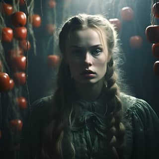 queen of wormy apples in foggy room in the morning chiaroscuro cinestill 50d epic realism subtle surrealism