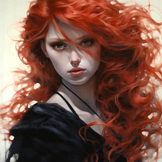 with red hair style of luis royo with haunted eyes and curly hair richly detailed colored ares inspired by Edmond Aman-Jean