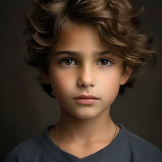 7 years old boy with latin traits, boy with curly hair and a dark shirt