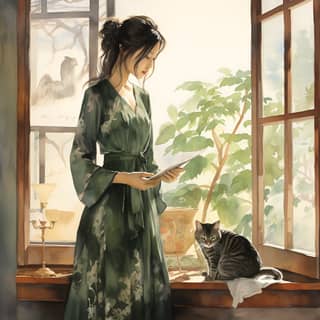 Chinese woman with short dress stand beside a window warm light in the style of graphic novel inspired illustrations