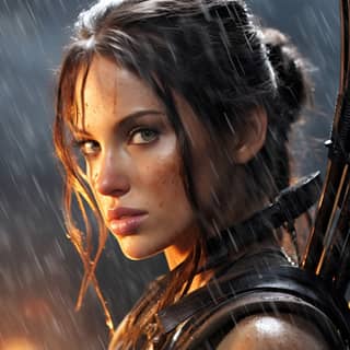 Lara Croft beautiful attractive body, with a bow and arrow in the rain