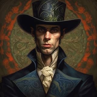 **an menacing half elf noble in this 50's very elegant cunning fancy with a Wide-brimmed hat smirk head to shoulder lots of