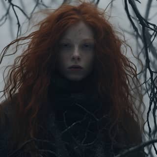 Une authentique jeune sorcière folklorique ukrainienne aux cheveux roux se cache dans le brouillard terrifiant et la brume d'une sombre forêt hivernale.