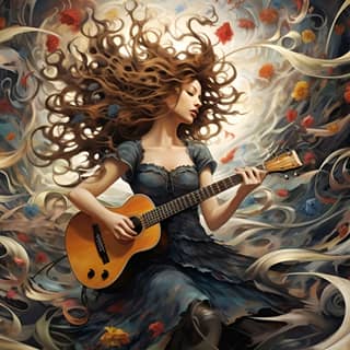 beautiful chaos and music, with long hair playing an acoustic guitar