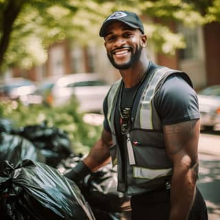 black male clean cut in uniform an work vest taking out trash at apartment complex valet trash service