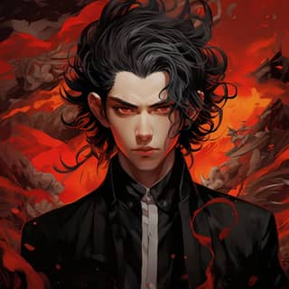 a boy in black turtleneck with tattoo is shown in the style of anime art dragon art genderless dark white and red raw and