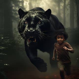 a child chasing a black panther in the middle of the forest