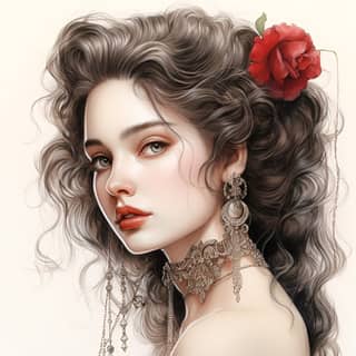 a drawing of a lady wearing red earrings in the style of i can't believe how beautiful this is romantic fantasy