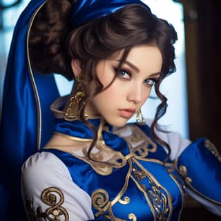 Hermosa mujer con traje oriental y pañuelo azul, que recuerda al cosplay de Chun Li.