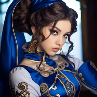 青いスカーフを身につけた東洋の衣装を着た美しい女性は、春麗のコスプレを思わせる。