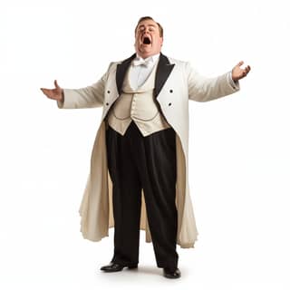 a-fat-edwardian-tv-presenter-stand-up-dressed-in-a-white-tailcoat-like-an-opera-tenor-sings-on-white-background--no