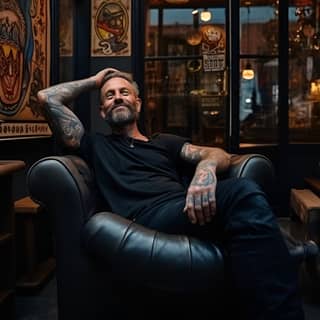 man in his mid forties relaxing in a tattoo parlor hoping today will be better than yesterday